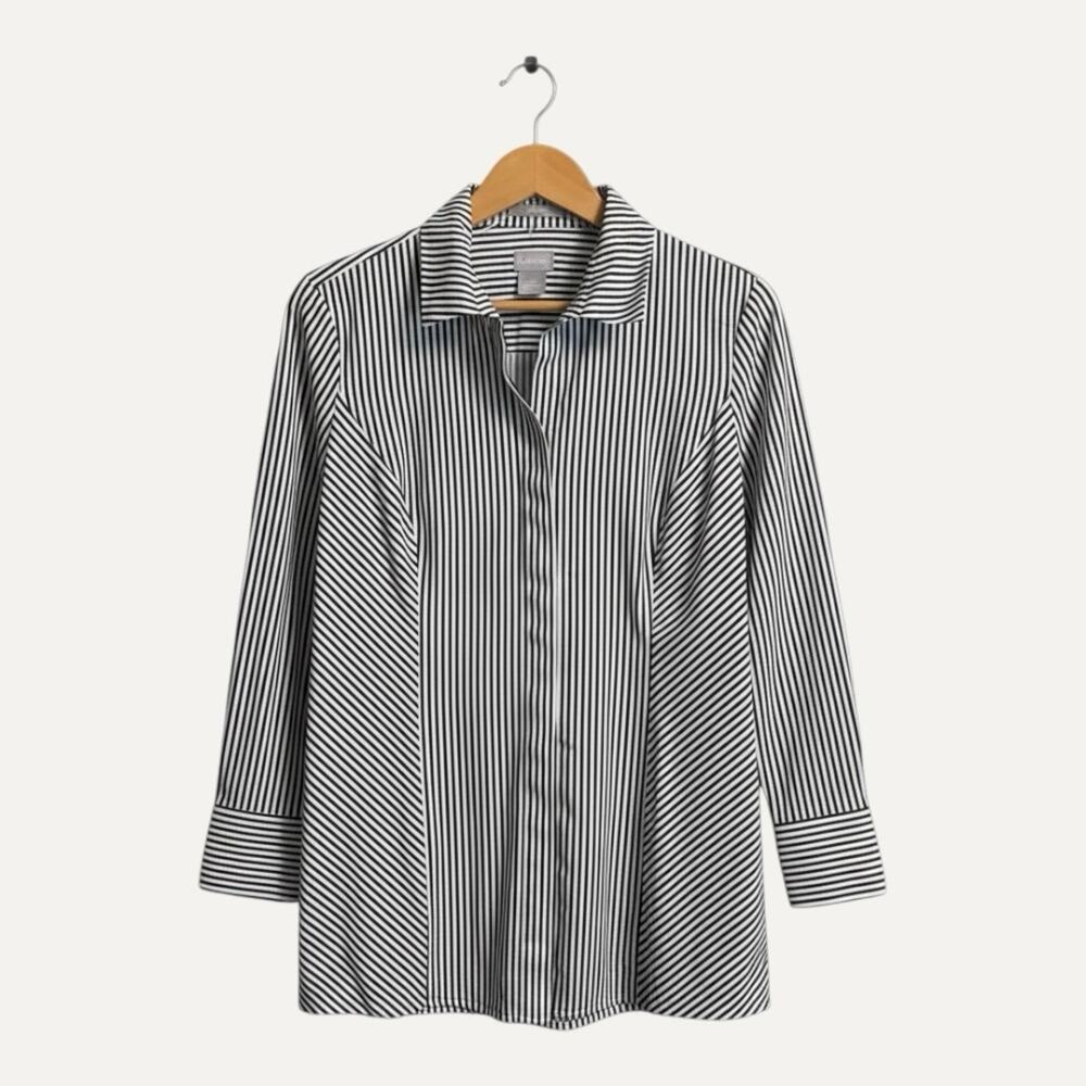 Chico’s 00P/2P Petite Black‎ White Striped Cotton Tunic Button Shirt